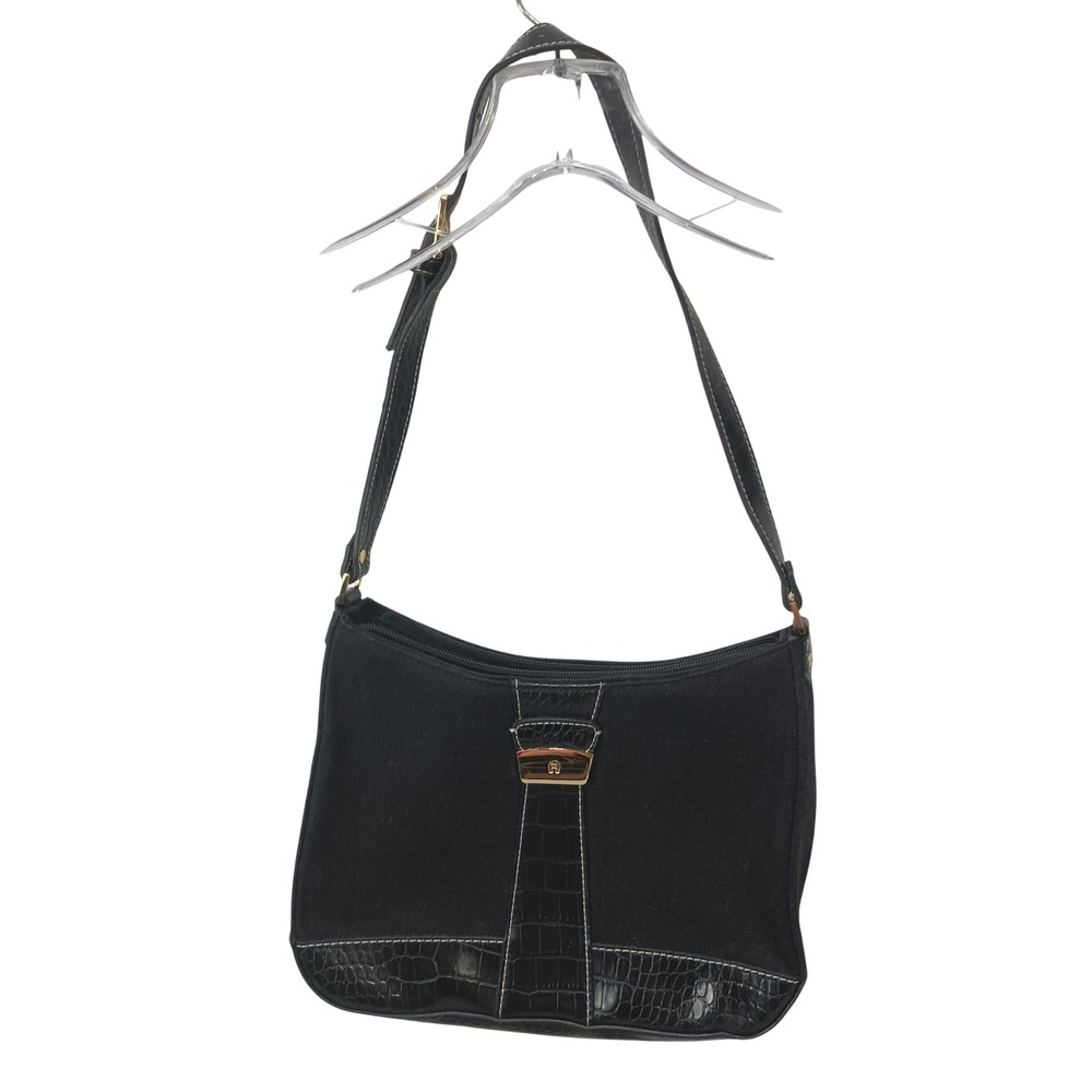 Etienne Aigner Black Linen Shoulder Bag‎ Croc Embossed Trim Small Purse